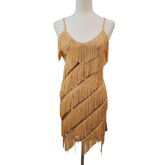 Womens Fringe Dress Sequin Gold Gatsby Showgirl Flapper Cocktail Party Small - Picture 1 of 14